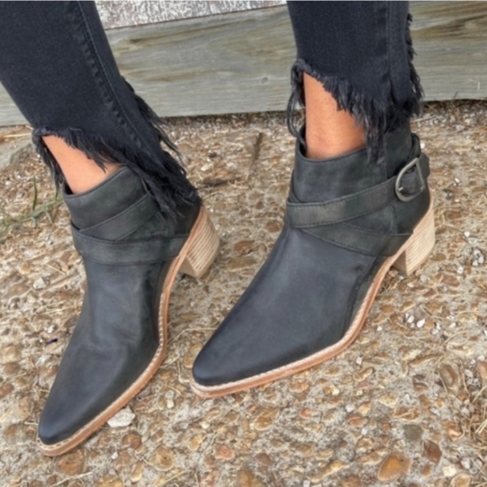 Free People Black Loop Leather Ankie Booties Heeled Buckle Washed Black